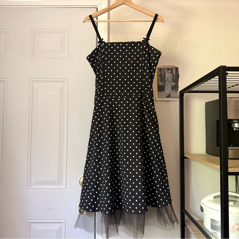 SUPER LOW FAT vintage black white‎ polka dot cotton square neck midi dress